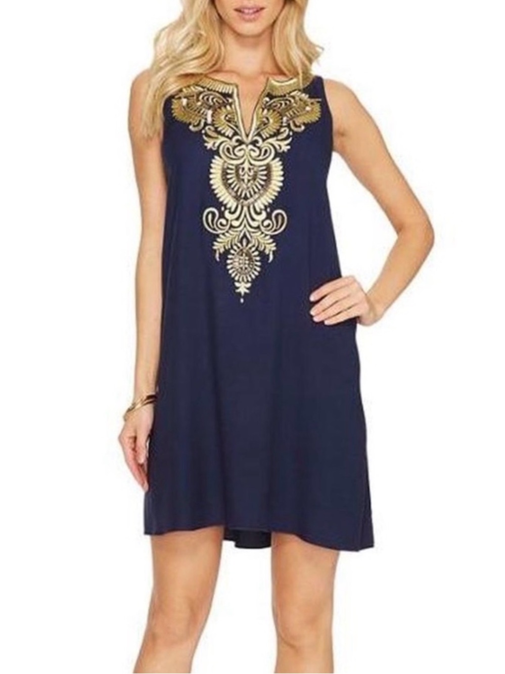 Lilly Pulitzer Aubra Embroidered Gold & Navy Sleeveless Shift Dress • LIKE NEW